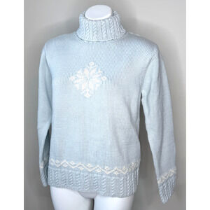 Vtg Lauren Ralph Lauren Hand Knit Lt. Blue w/White Snowflake HIgh Neck Sweater L